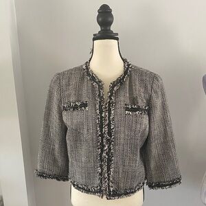Boston Proper Gray Tweed Fringe-Trim Cropped Blazer